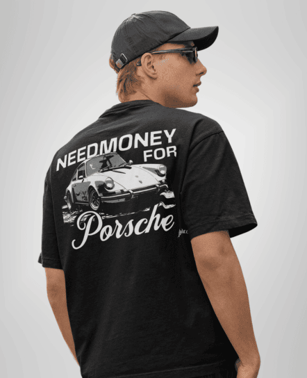 Need Money for Porsche Black Printed Oversized T-shirt | Drop Shoulder T-shirt