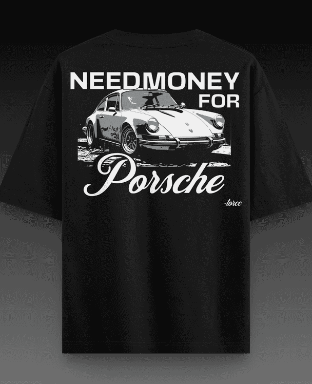 Need Money for Porsche Black Printed Oversized T-shirt | Drop Shoulder T-shirt