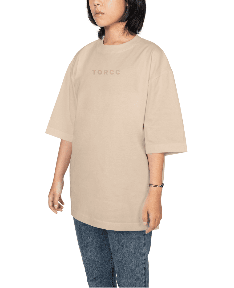 Basic Beige Printed Oversized T-shirt | Drop Shoulder T-shirt