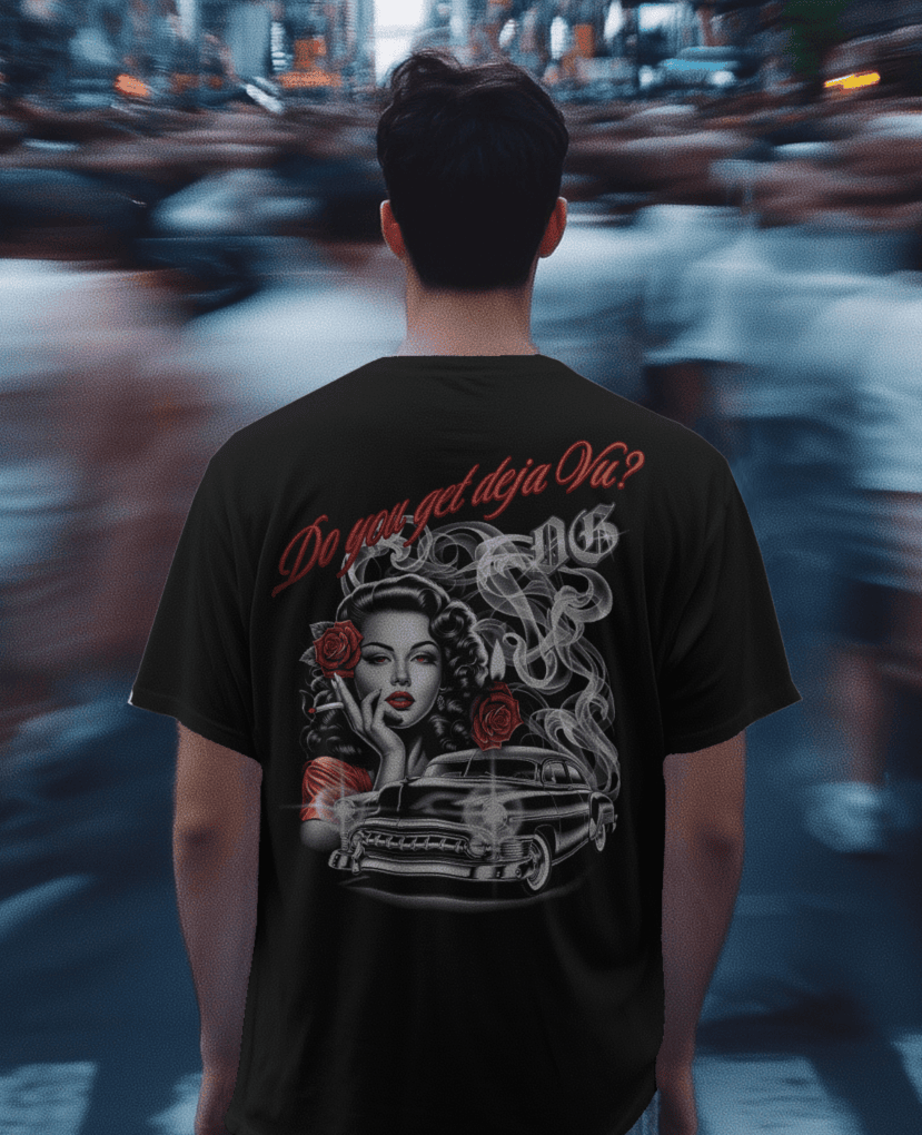 Deja Vu graphic on a 280gsm terry drop shoulder t-shirt, featuring a stylish design with a relaxed and comfortable fit.