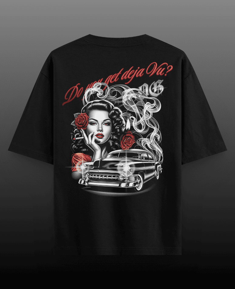 Deja Vu graphic on a 280gsm terry drop shoulder t-shirt, featuring a stylish design with a relaxed and comfortable fit.