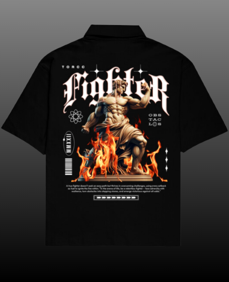 Fighter Oversized Shirt for Men with Cuban collar shirt for men design, crafted from 240 GSM cotton fabric, featuring bold front and back graphics for a stylish **baggy shirt for men** fit.