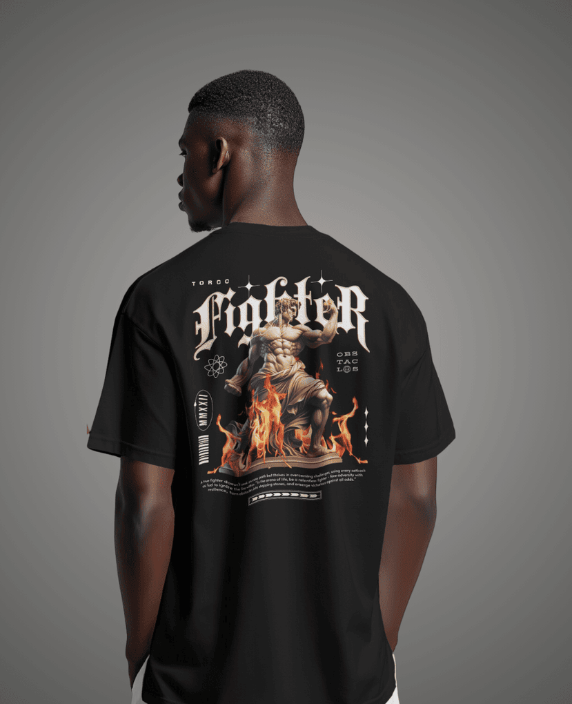 Fighter graphic on a 280gsm terry drop shoulder t-shirt, featuring a bold design with a relaxed and comfortable fit.