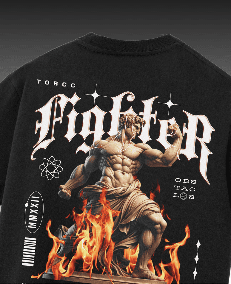 Fighter graphic on a 280gsm terry drop shoulder t-shirt, featuring a bold design with a relaxed and comfortable fit.