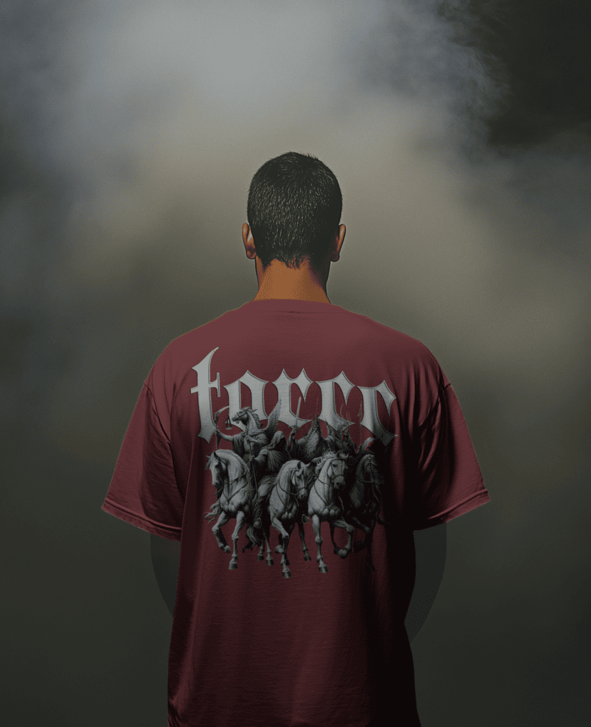 Horsemen graphic on a 280gsm terry drop shoulder t-shirt, featuring a bold design with a relaxed and comfortable fit.