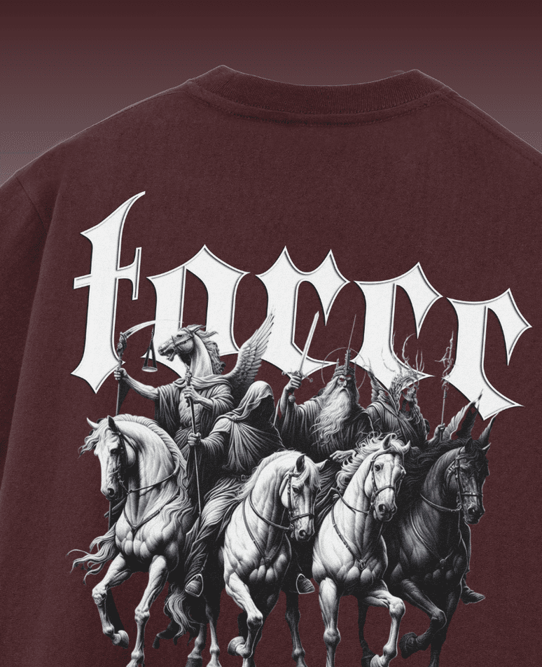 Horsemen graphic on a 280gsm terry drop shoulder t-shirt, featuring a bold design with a relaxed and comfortable fit.