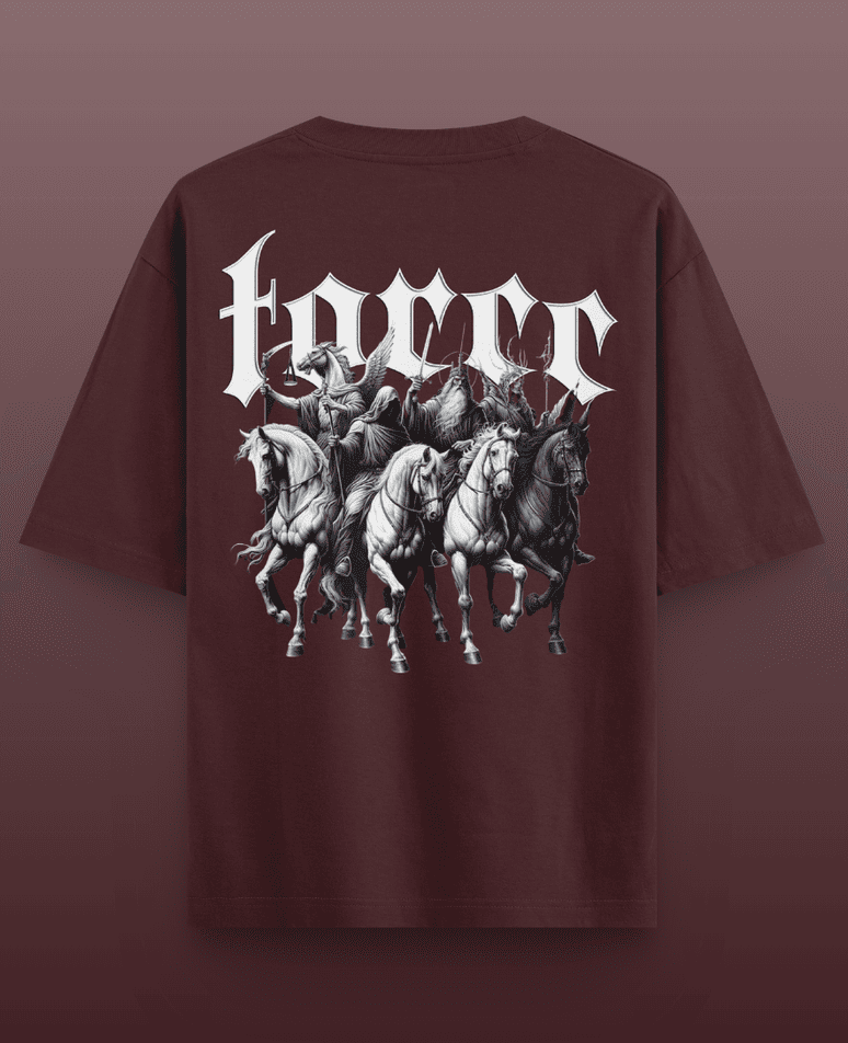 Horsemen graphic on a 280gsm terry drop shoulder t-shirt, featuring a bold design with a relaxed and comfortable fit.