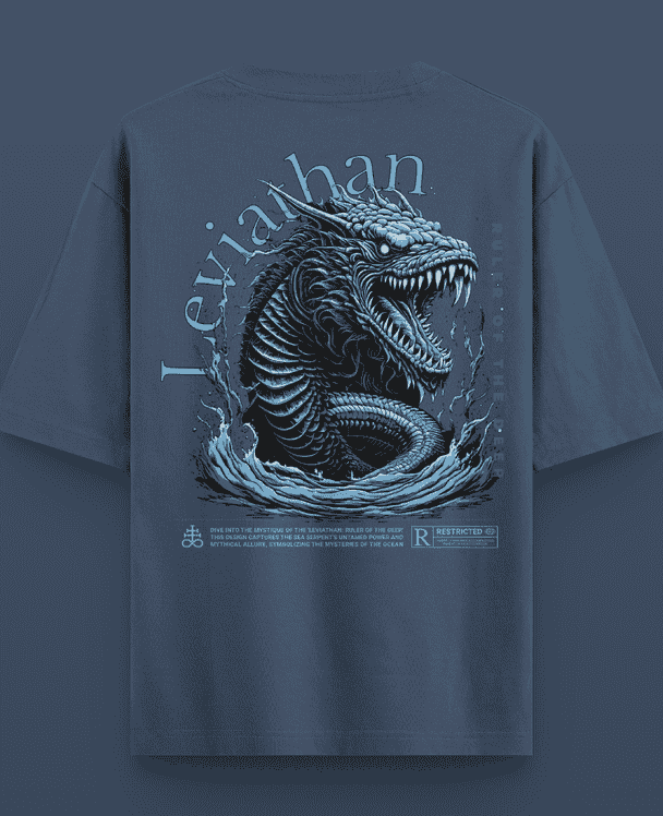Leviathan design on an oversized drop shoulder t-shirt, offering a bold and stylish look with a comfortable fit.