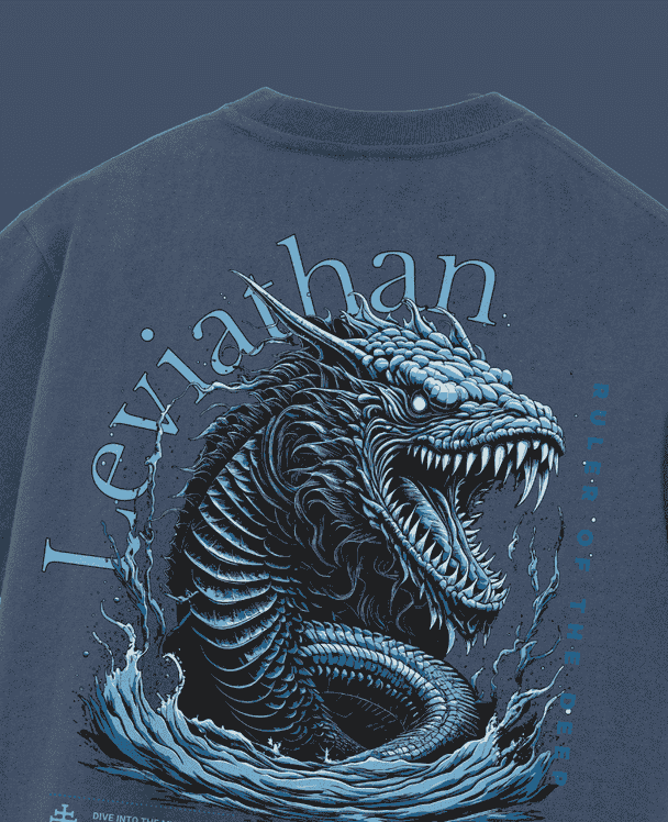 Leviathan graphic on an oversized drop shoulder t-shirt, combining bold design with relaxed, comfortable style.