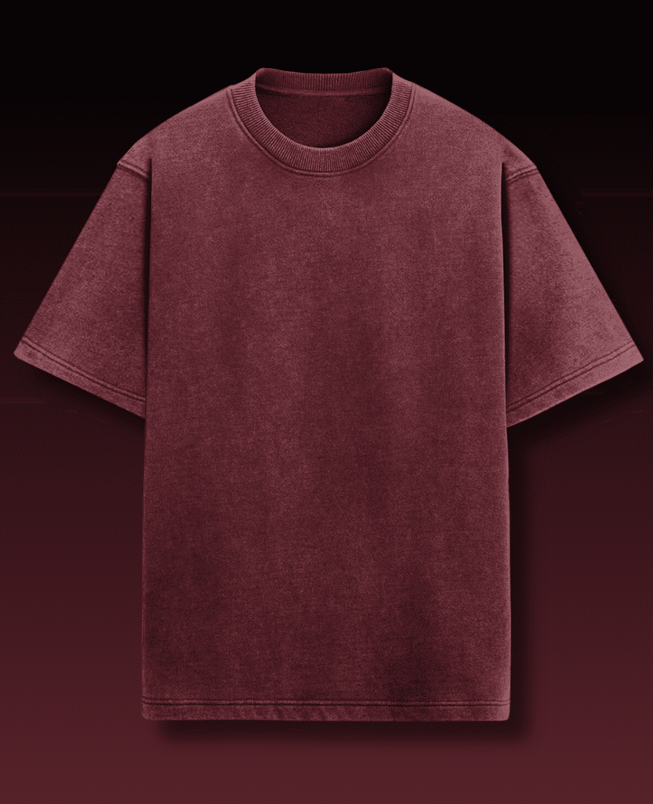Maroon acid wash oversized t-shirt with a drop shoulder fit, offering a trendy, relaxed style and comfortable wear.