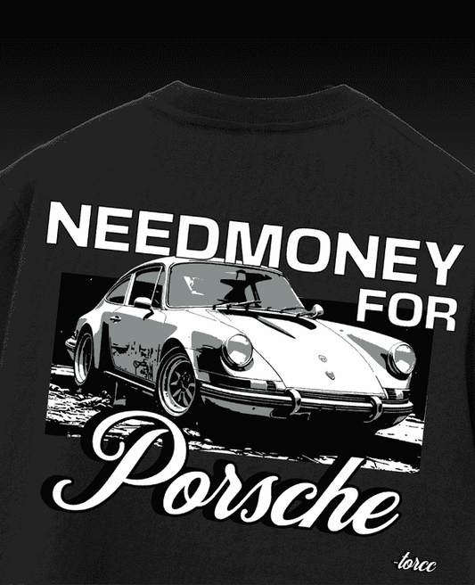 Need Money for Porsche Black Printed Oversized T-shirt | Drop Shoulder T-shirt