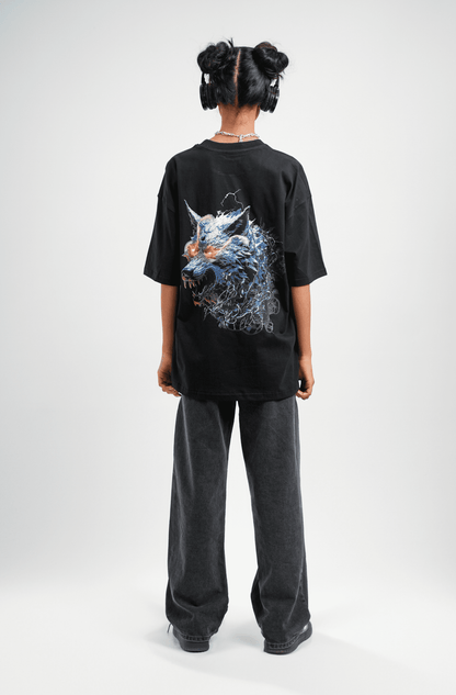 Wolf Black Printed Oversized T-shirt | Drop Shoulder T-shirt