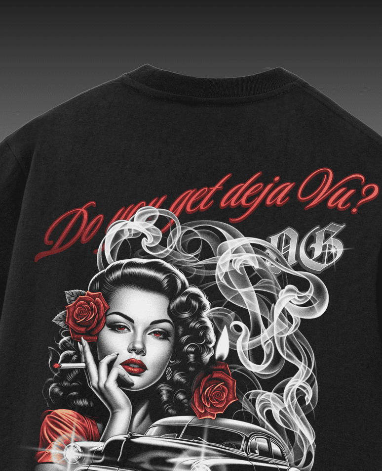 Deja Vu graphic on a 280gsm terry drop shoulder t-shirt, featuring a stylish design with a relaxed and comfortable fit.
