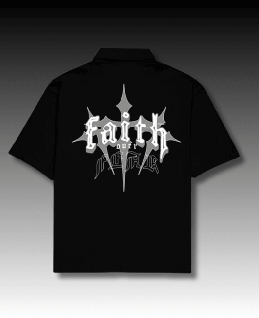 Faith Over Fear oversized shirt for men featuring Cuban collar shirt for men design with premium front and back prints, crafted from 240 GSM cotton fabric for a stylish baggy shirt for men look.