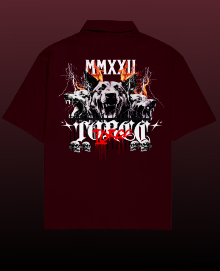 Gangster Glam Oversized Shirt for Men with Cuban collar shirt for men design, crafted from 240 GSM baggy shirt for men fabric, featuring premium front and back graphic prints — perfect for streetwear and casual outfits.
