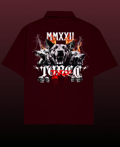 Gangster Glam Oversized Shirt for Men with Cuban collar shirt for men design, crafted from 240 GSM baggy shirt for men fabric, featuring premium front and back graphic prints — perfect for streetwear and casual outfits.