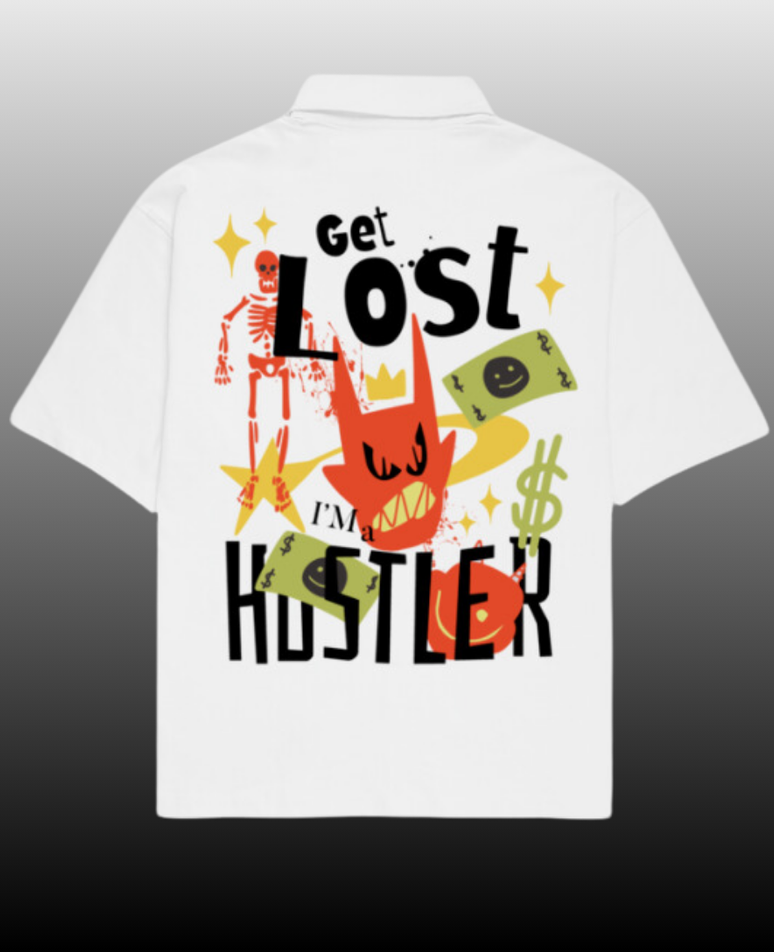 Hustler Oversized Shirt for Men with Cuban collar shirt for men design, crafted from 240 GSM baggy shirt for men fabric, featuring premium front and back graphic prints — perfect for bold streetwear outfits.
