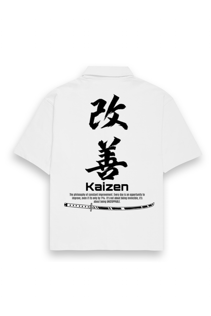 Kaizen Printed Oversized Shirt for Men with Cuban collar shirt for men design, made from 240 GSM baggy shirt for men fabric, featuring premium front and back graphic prints — perfect for streetwear and casual outfits.