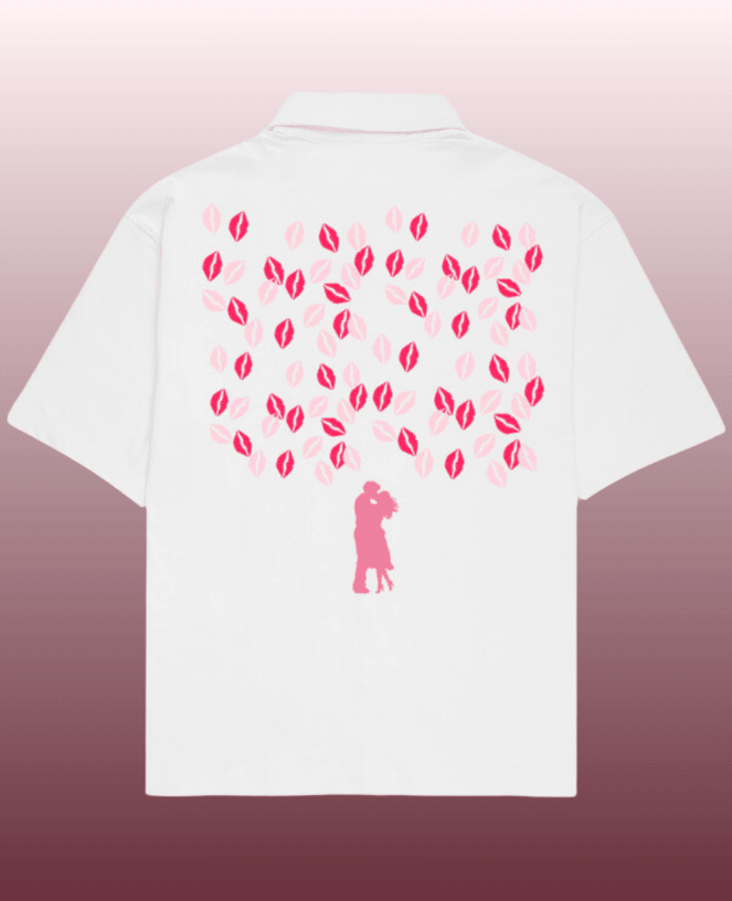 Kisses Printed Oversized Shirt for Men – White with Cuban collar shirt for men design, crafted from 240 GSM baggy shirt for men fabric, featuring premium front and back graphic prints — perfect for casual and streetwear outfits.
