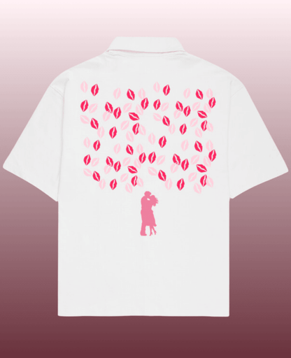 Kisses Printed Oversized Shirt for Men – White with Cuban collar shirt for men design, crafted from 240 GSM baggy shirt for men fabric, featuring premium front and back graphic prints — perfect for casual and streetwear outfits.