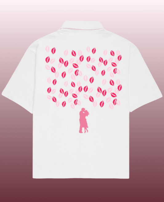 Kisses Printed Oversized Shirt for Men – White with Cuban collar shirt for men design, crafted from 240 GSM baggy shirt for men fabric, featuring premium front and back graphic prints — perfect for casual and streetwear outfits.