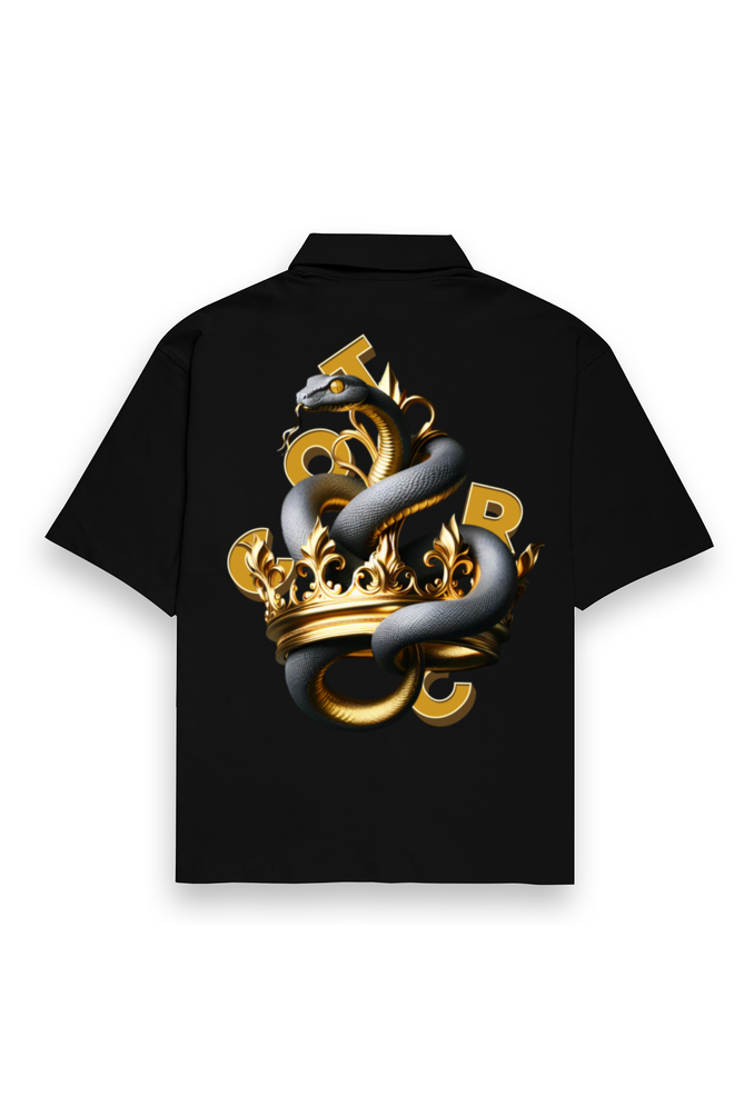Ophidian Printed Oversized Shirt for Men featuring Cuban collar shirt for men design with bold snake graphics, made from 240 GSM cotton fabric for a premium baggy shirt for men fit.