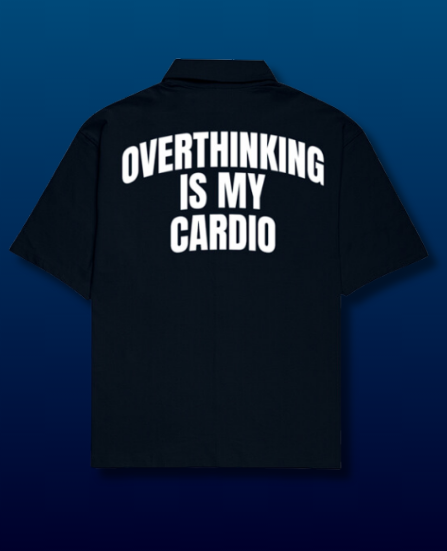Overthinking Puff Print Oversized Shirt Navy with Cuban collar shirt for men design, crafted from 240 GSM baggy shirt for men fabric, featuring bold puff prints on front and back — perfect for casual and streetwear looks.