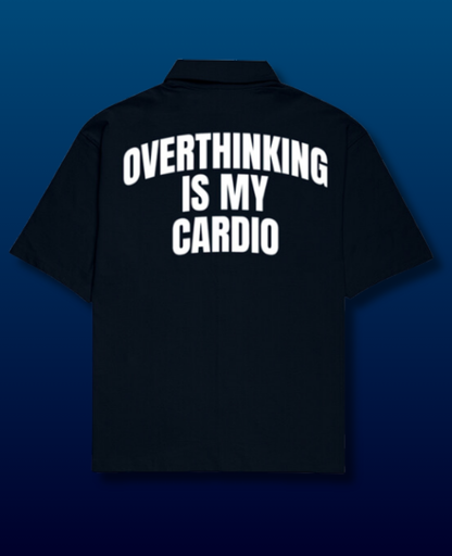 Overthinking Puff Print Oversized Shirt Navy with Cuban collar shirt for men design, crafted from 240 GSM baggy shirt for men fabric, featuring bold puff prints on front and back — perfect for casual and streetwear looks.