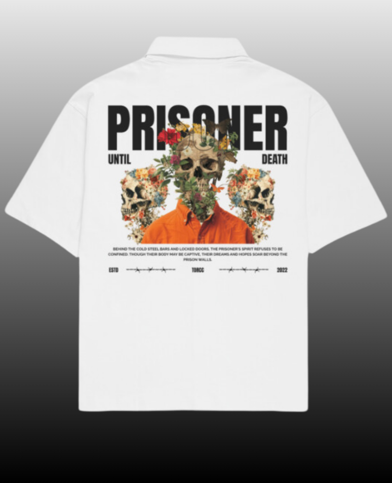 Prisoner Oversized Shirt for Men with Cuban collar shirt for men design, made from 240 GSM baggy shirt for men fabric, featuring premium front and back graphic prints — perfect for standout streetwear style.