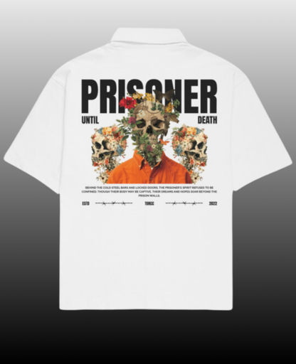 Prisoner Oversized Shirt for Men with Cuban collar shirt for men design, made from 240 GSM baggy shirt for men fabric, featuring premium front and back graphic prints — perfect for standout streetwear style.