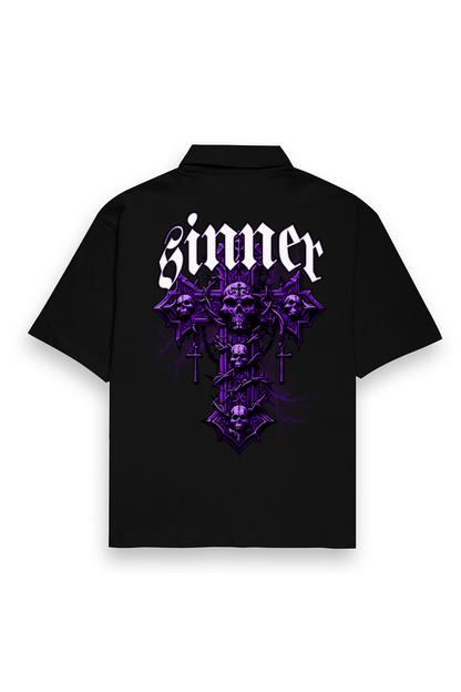 Sinner Printed Oversized Shirt for Men with Cuban collar shirt for men design, made from 240 GSM baggy shirt for men fabric, featuring bold front and back graphic prints — perfect for streetwear and casual outfits.