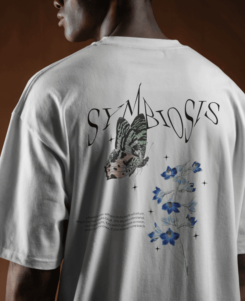 Symbiosis graphic on a 280gsm drop shoulder t-shirt, featuring a unique design with a relaxed and comfortable fit.