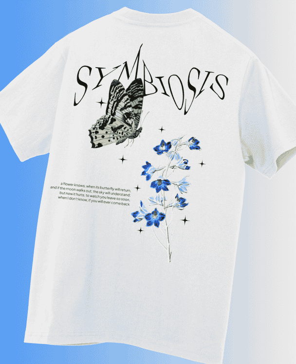 Symbiosis graphic on a 280gsm drop shoulder t-shirt, featuring a unique design with a relaxed and comfortable fit.