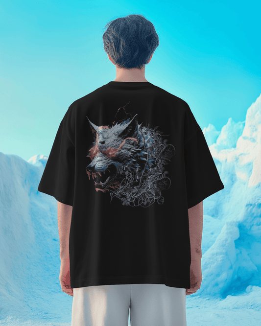 Wolf graphic on a 240gsm drop shoulder t-shirt, featuring a bold design with a relaxed and comfortable fit.