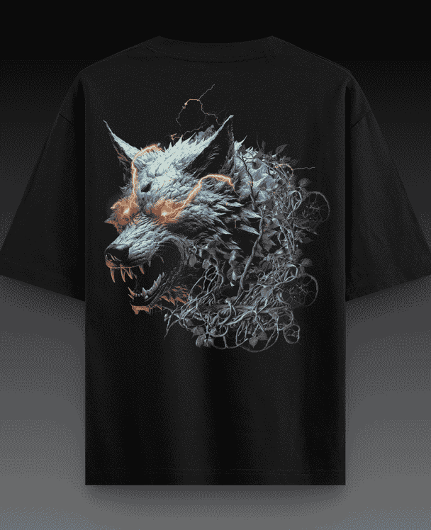 Wolf graphic on a 240gsm drop shoulder t-shirt, featuring a bold design with a relaxed and comfortable fit.